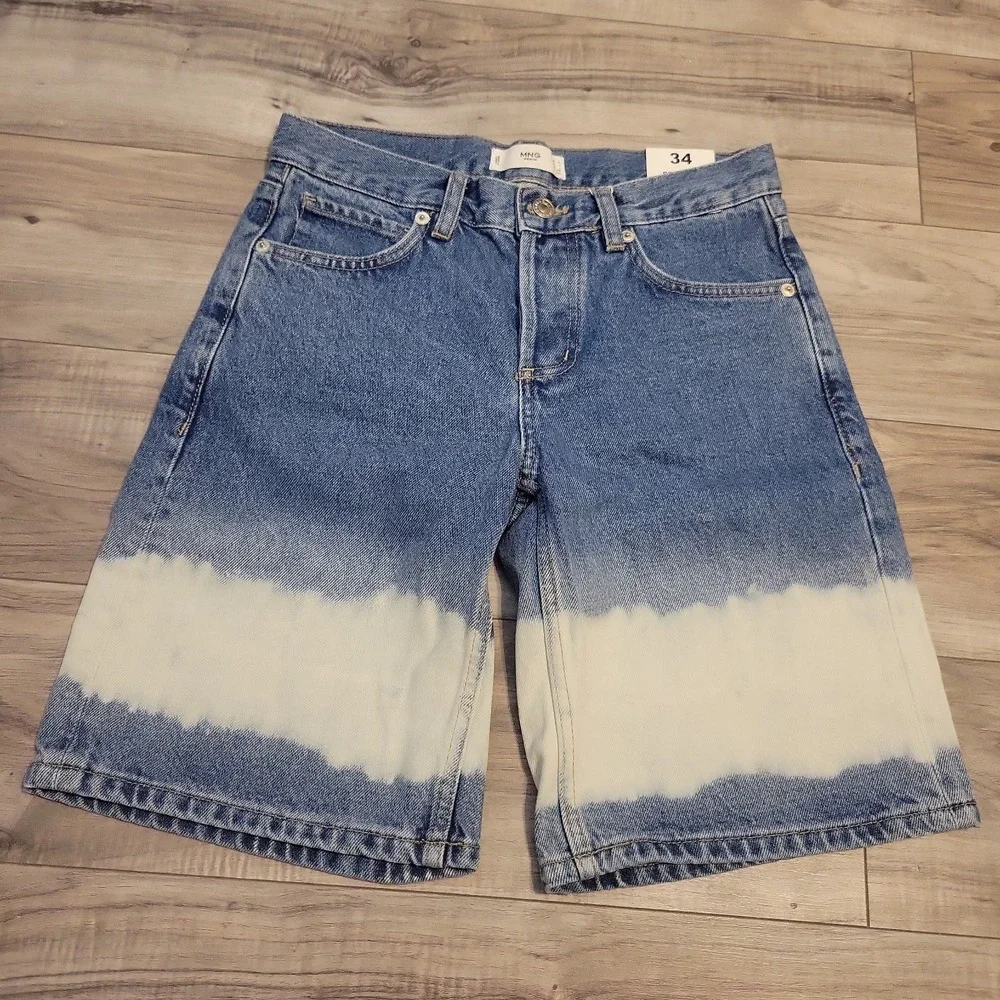 MNG Tie-Dye Bleach Long Bermuda Denim Jean‎ Shorts Womens 2 100% Cotton NEW
